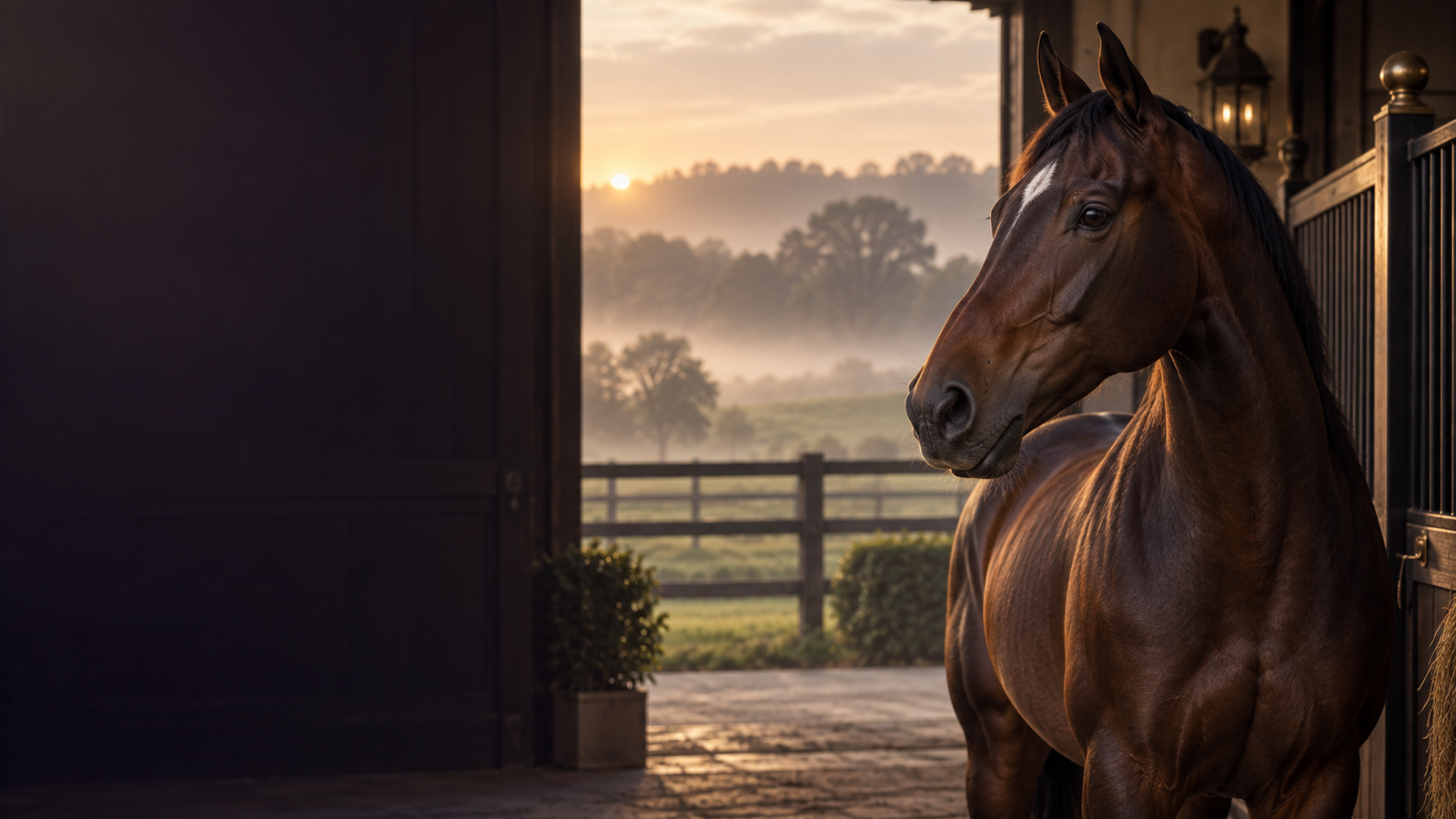 Cavalo em uma cocheira aberta para o campo ao amanhecer